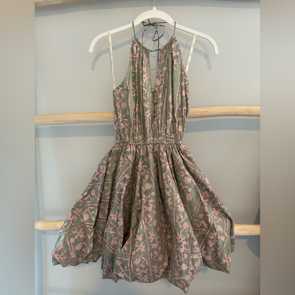 Cleobella Olive Green and Dusty Pink Halter Sundress